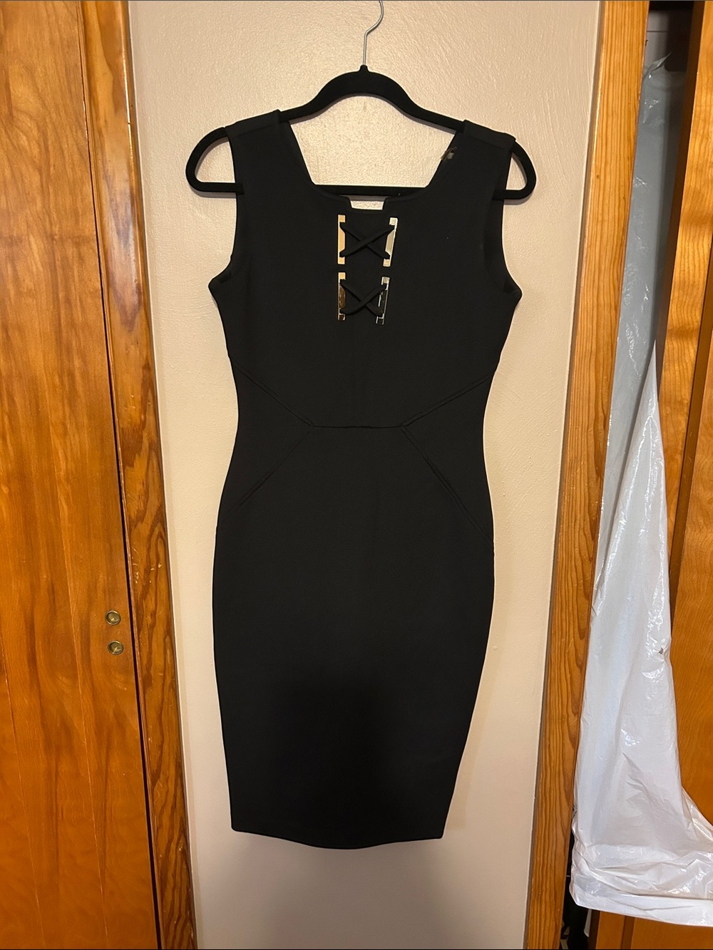 Ivanka Trump Black Sleeveless Midi Sheath Dress with Lace-Up Accent